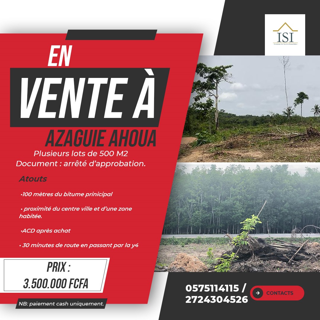 Plusieurs lots de 500 M² à Azaguie Ahoua